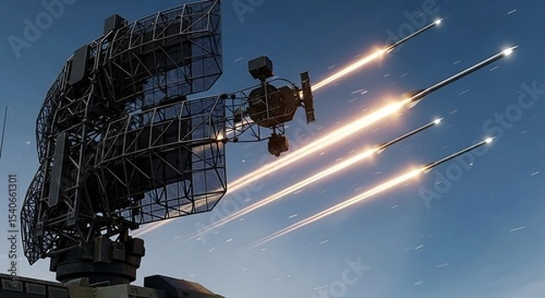 Fototapeta Advanced military air defense radar system launching multiple surface-to-air interceptor missiles to track and destroy aerial targets against a dramatic twilight sky.