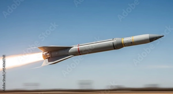 Fototapeta A tactical guided missile flies at supersonic speed with fiery rocket propulsion during a military weapons test, showing advanced defense technology against a clear blue sky.