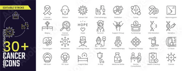 Obraz Cancer Stroke icon collections. Containing Cancer Awareness, Research, Survivor, Fundraising, DNA Mutation, CT Scan, Health Checkup, and Cancer Care icons. Editable Stroke icon collection Outline icon