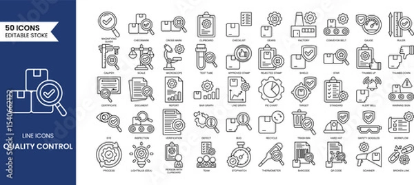 Fototapeta Quality control line editable icon set. Containing evaluation, inspection, product, quality, process, testing and more. Vector illustration