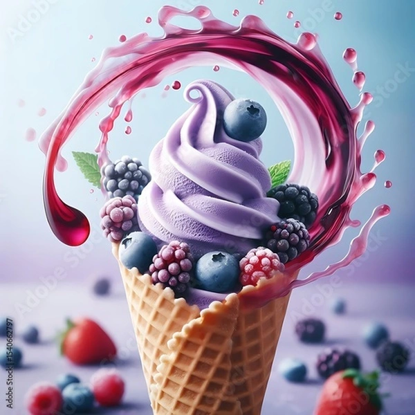 Fototapeta Delicious berry soft serve ice cream cone
