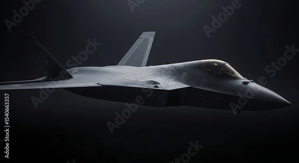 Fototapeta Sleek stealth fighter jet with a futuristic design flying on a dark background. A concept of a modern tactical combat aircraft representing advanced military aerospace technology and air superiority.