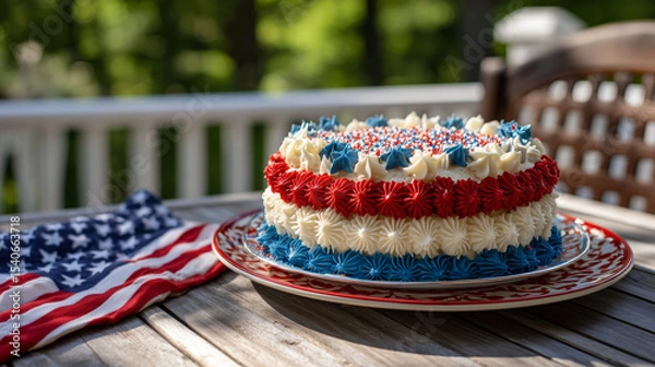 Fototapeta Red, White, and Blue Cake on Stars and Stripes Tray – Patriotic Icing under Maple Tree in Morning Sunshine