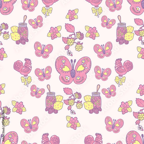 Fototapeta Pink butterflies pastel pink folk pattern. Sweets, jam, yellow raspberries, lemon illustration. Children berry botanical print on white backdrop