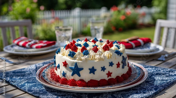 Fototapeta Red, White, and Blue Cake on Stars and Stripes Tray – Patriotic Icing under Maple Tree in Morning Sunshine