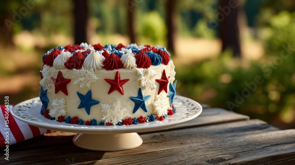 Fototapeta Red, White, and Blue Cake on Stars and Stripes Tray – Patriotic Icing under Maple Tree in Morning Sunshine