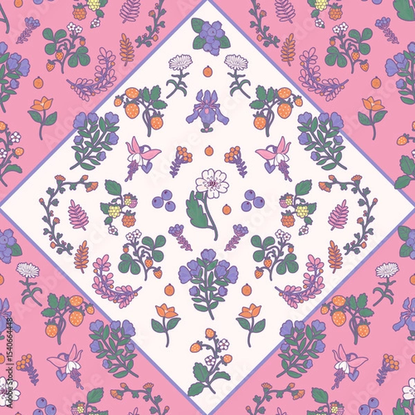 Fototapeta Floral pink and white folk pattern. Fairytale garden illustration. Children botanical print. Leaves, berries, plants.