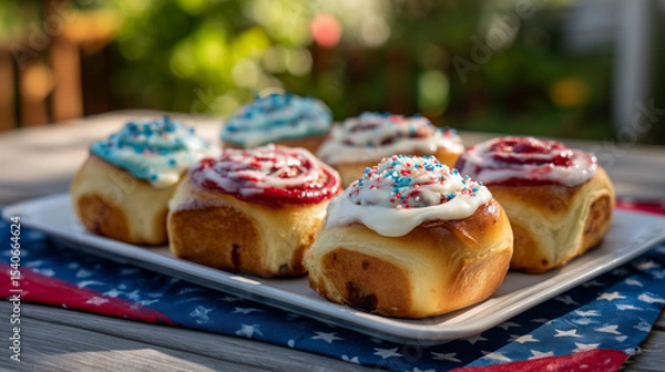Fototapeta Red, White and Blue Cinnamon Rolls on Patriotic Tray – Morning 4th of July Breakfast Under Maple Tree