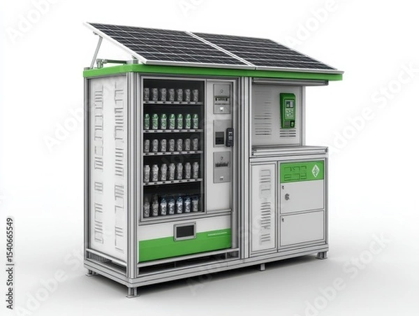 Obraz A technical diagram of a solar-powered outdoor vending machine selling fresh food, showing a refrigerator and a digital payment system in the context of an urban lifestyle