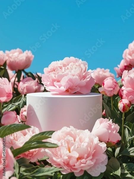 Fototapeta Photograph of a white podium surrounded by pink peonies, composition in the air, background blue sky, on several peonies with pink fabric, a pair of peonies and green leaves. Product mockup