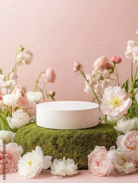 Fototapeta Elegant product mockup scene on moss-covered podium, surrounded by soft pink and white flowers like peonies and ranunculus, pastel pink background, minimal spring composition, dreamy light