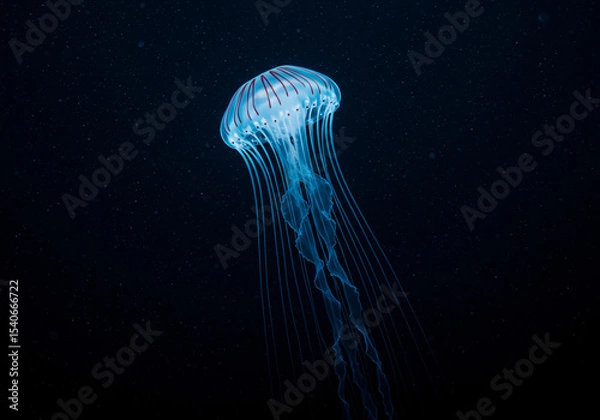 Fototapeta Ultra-realistic bioluminescent jellyfish photography, deep sea darkness with electric blue glow, macro lens detail, tentacles trailing light particles, National Geographic style, mysterious abyss back