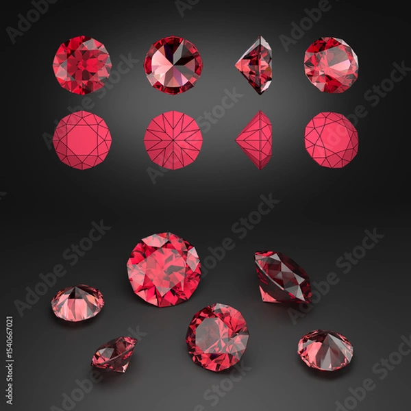Fototapeta Demonstration of a diamond cut ruby ​​from different angles. Scheme of cutting. Scattering of gemstones. Black background. 3d rendering.