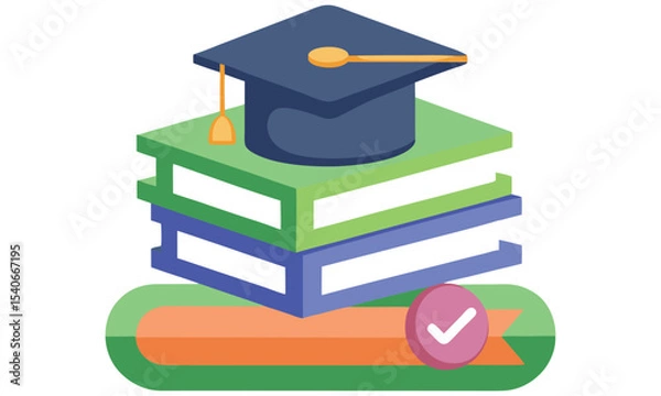 Fototapeta Graduation cap on stack of books with check mark isolated on white background