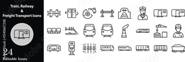 Fototapeta Train railway and freight transport icon set featuring trains personnel and infrastructure in outline style