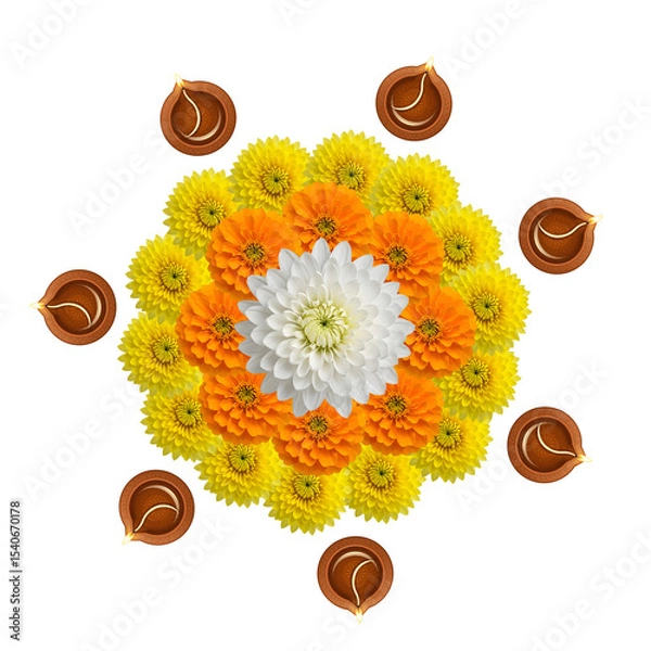 Fototapeta Treditional flower rangoli with diyas for indian festivals, isolated on transparent background 