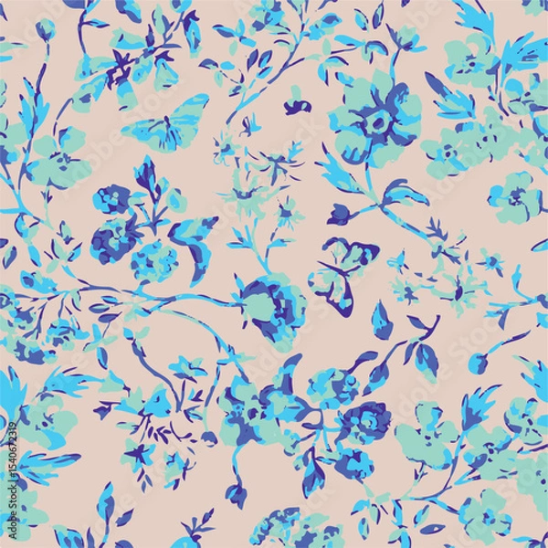 Obraz Floral seamless pattern with big flowers and Vector illustration.seamless floral watercolor pattern with garden pink, flowers roses, leaves, branches. Botanic tile, background.