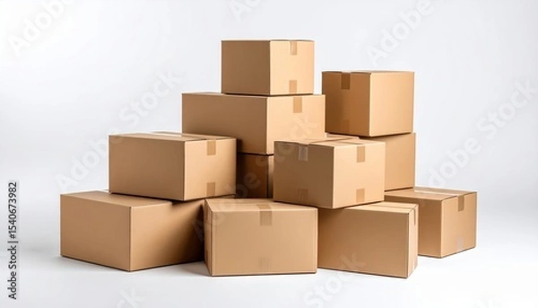 Fototapeta Multiple brown carton boxes stacked together, isolated on white, used for storage, logistics, or moving.