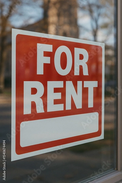 Fototapeta Classic red and white "FOR RENT" sign in a prominent storefront window. This clear and recognizable message signifies available rental space, ideal for conveying themes of real estate and leasing.