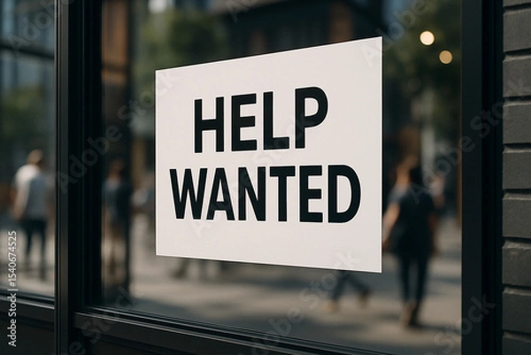 Fototapeta "Help Wanted" sign in a classic black and white storefront window. A timeless and direct message displayed in an inviting, traditional setting.