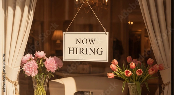 Fototapeta "Now Hiring" sign in an upscale boutique window on a sunny day. Cinematic shot of an elegant serif sign framed by soft curtains and muted flowers. Sunlight on glass is bright and inviting.