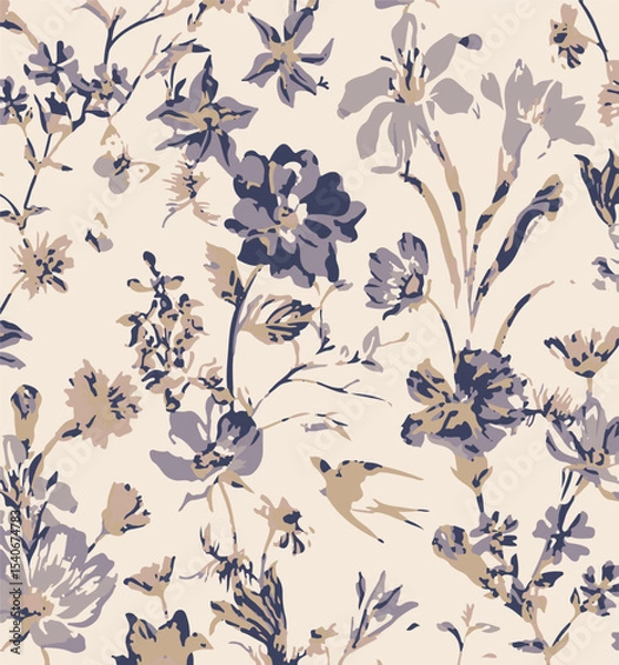 Obraz Floral seamless pattern with big flowers and Vector illustration.seamless floral watercolor pattern with garden pink, flowers roses, leaves, branches. Botanic tile, background.