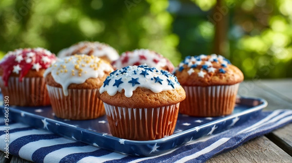 Fototapeta Red, White, and Blue Muffins on Stars and Stripes Tray – Patriotic Icing under Maple Tree in Morning Sunshine
