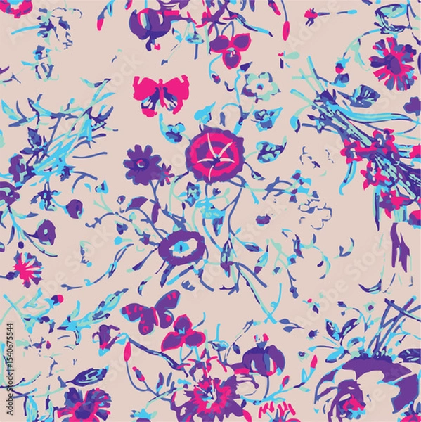 Obraz Floral seamless pattern with big flowers and Vector illustration.seamless floral watercolor pattern with garden pink, flowers roses, leaves, branches. Botanic tile, background.