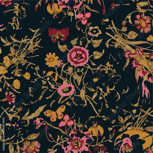 Obraz Floral seamless pattern with big flowers and Vector illustration.seamless floral watercolor pattern with garden pink, flowers roses, leaves, branches. Botanic tile, background.