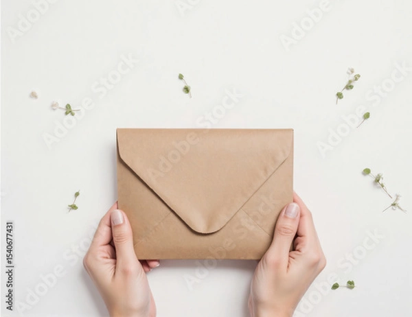 Fototapeta Kraft Paper Envelope in Hand on White Minimal Background with Floral Elements