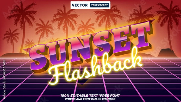Fototapeta Sunset flashback 80s retro style 3d editable vector text effect. 80s synthwave, cyberpunk, neon vaporware, futuristic typography for digital designs.