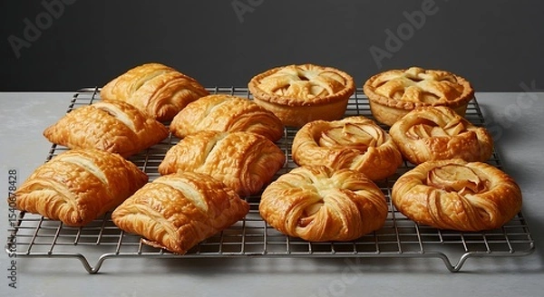 Obraz Danish pastry and apple pie pastry on a cooling rack. Perfect for recipe, article, catalogue, or any commercial purposes.