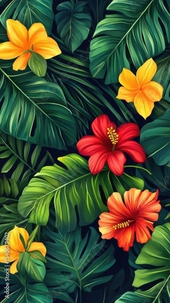 Fototapeta Flowers and foliage background. Tropical leaves and colorful flowers on foliage nature background. Stage showcase, promotion display.