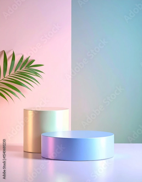 Obraz Pastel Holographic Cylinder and Green Plant Minimal Still Life.aesthetic, colours, contemporary, display, elegant, form, glasses, gradient, graphic, image, lighting, minimal, pastel, photo, product, 