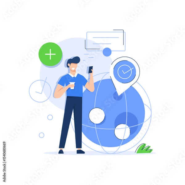 Fototapeta Businessman making a call standing next to the globe,Cooperation interaction. Success, Cooperation,Virtual communication smartphone