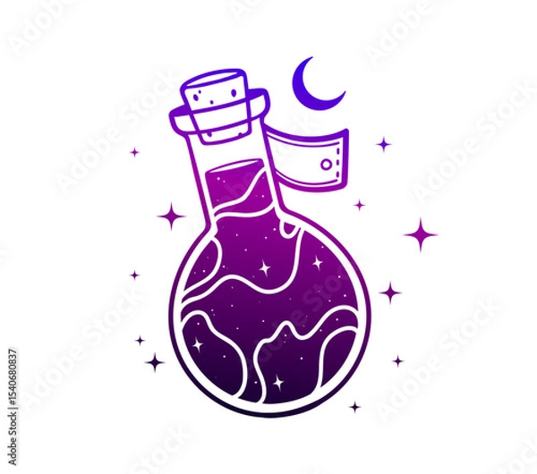 Fototapeta Vector illustration of a magical potion bottle filled with glowing stars and cosmic liquid. The bottle design is whimsical and enchanted, perfect for fantasy themes, witchcraft visuals.