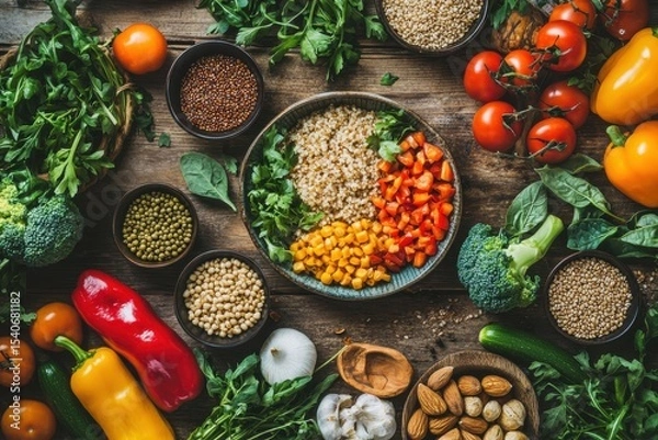 Fototapeta Colorful Array of Fresh Vegetables and Grains on Rustic Wooden Table