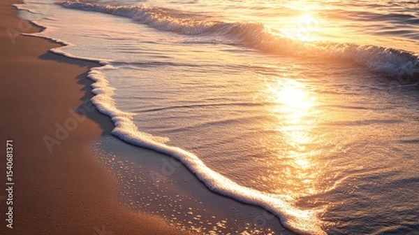 Fototapeta Gentle Waves Lapping on Shore at Sunrise with Golden Reflections