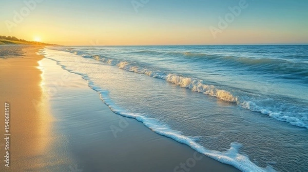 Fototapeta Serene Sunset Over Gentle Waves at Tranquil Beach Shoreline