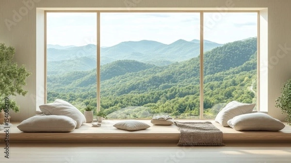 Fototapeta Serene Mountain View from Modern Interior with Cozy Seating Area