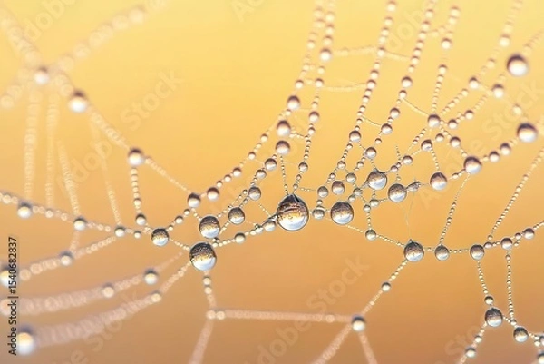 Fototapeta Dewdrops on Delicate Spider Web with Soft Orange Background