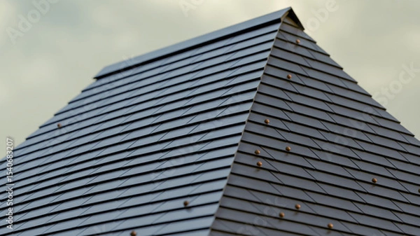 Fototapeta A close-up architectural detail of overlapping black diagonal roof shingles