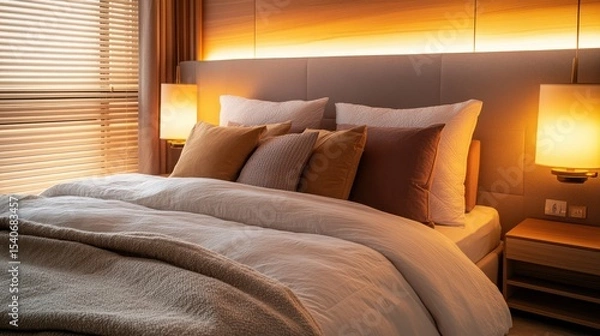 Fototapeta Cozy Modern Bedroom with Soft Lighting and Neutral Tones