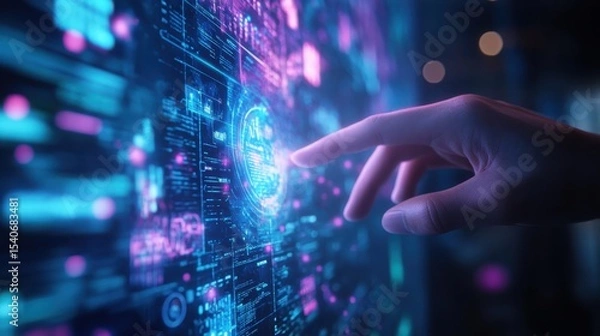 Fototapeta Futuristic Hand Interacting with Digital Interface and Technology Display