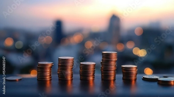 Fototapeta Stacks of Coins with Blurred City Skyline During Sunset Evening