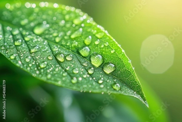 Fototapeta Close-Up of Fresh Green Leaf with Water Droplets and Natural Light