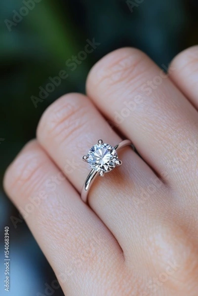 Fototapeta Elegant Solitaire Diamond Ring on Hand Against Soft Green Background