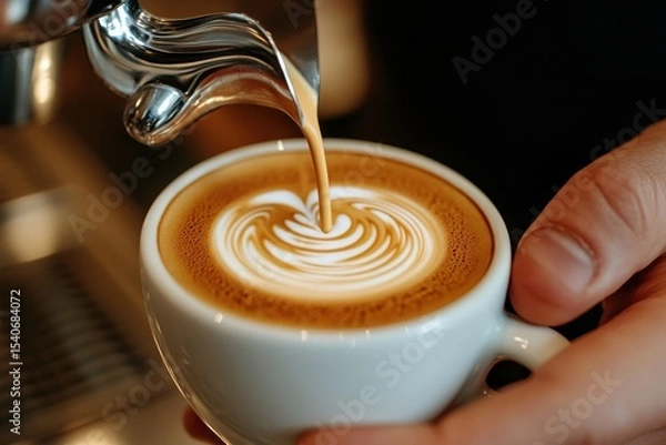 Fototapeta Freshly Brewed Coffee with Latte Art in a White Cup on Counter