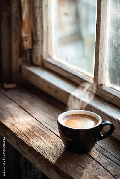 Fototapeta Warm Coffee Cup with Steam on Wooden Window Ledge in Cozy Setting