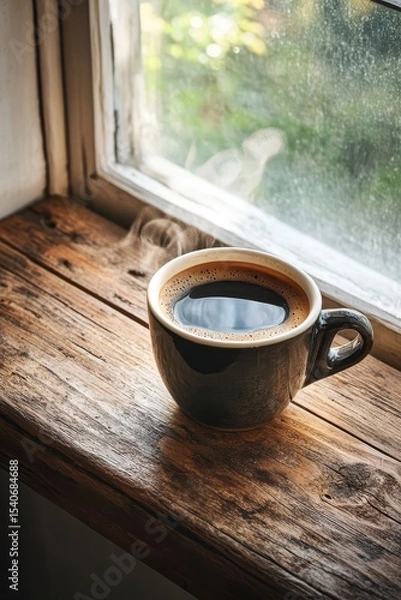 Fototapeta Steaming Coffee Cup on Wooden Windowsill in Bright Morning Light
